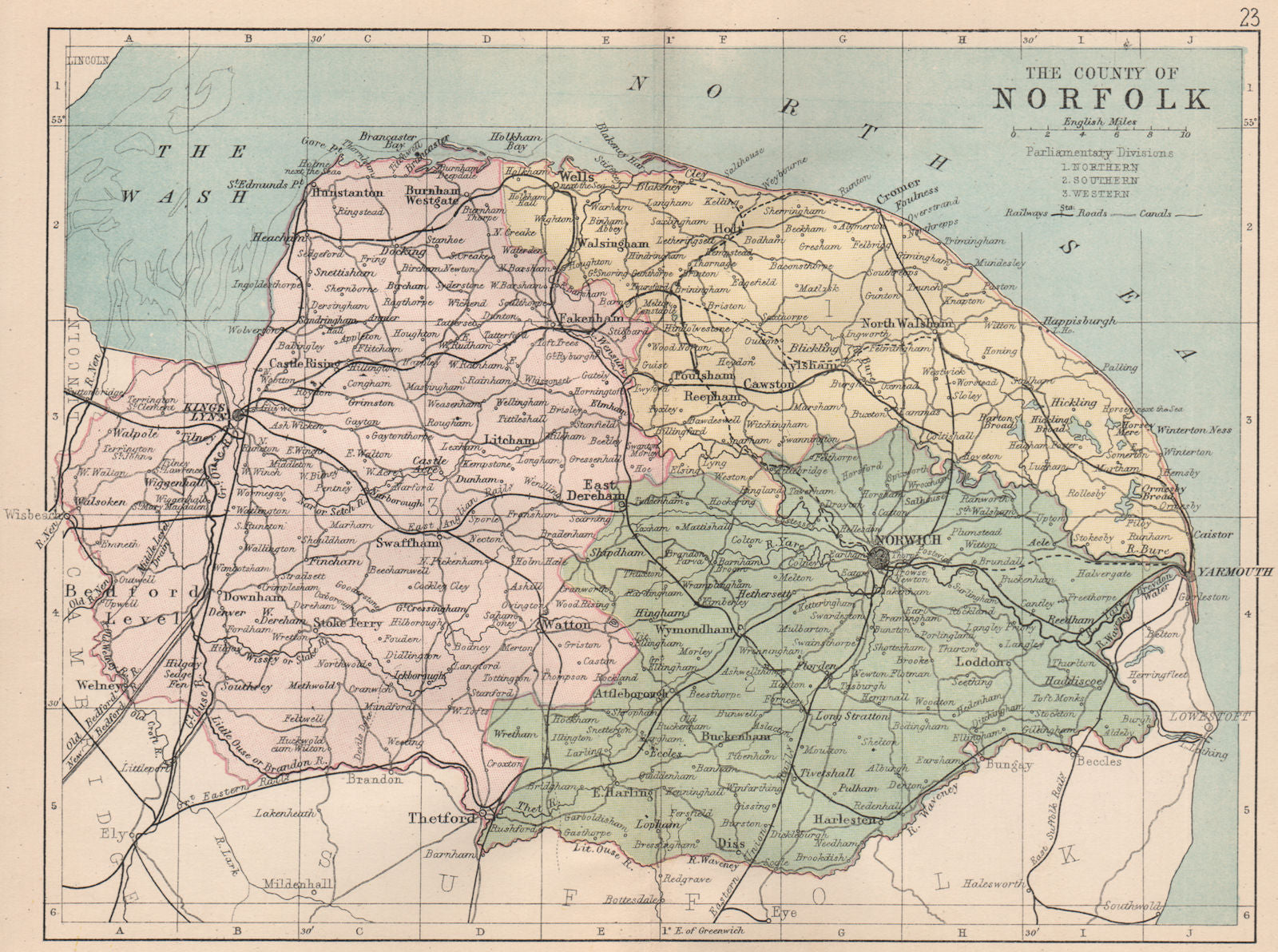 NORFOLK. Antique county map. Railways roads canals. Constituencies. PHILIP 1882